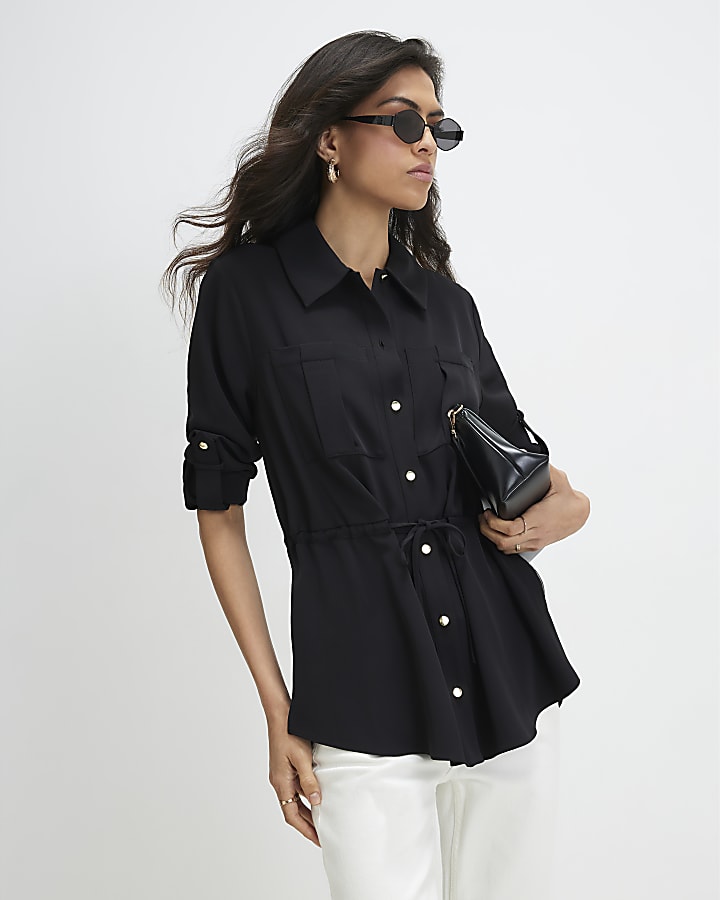 Black Crepe Drawstring Waist Shirt