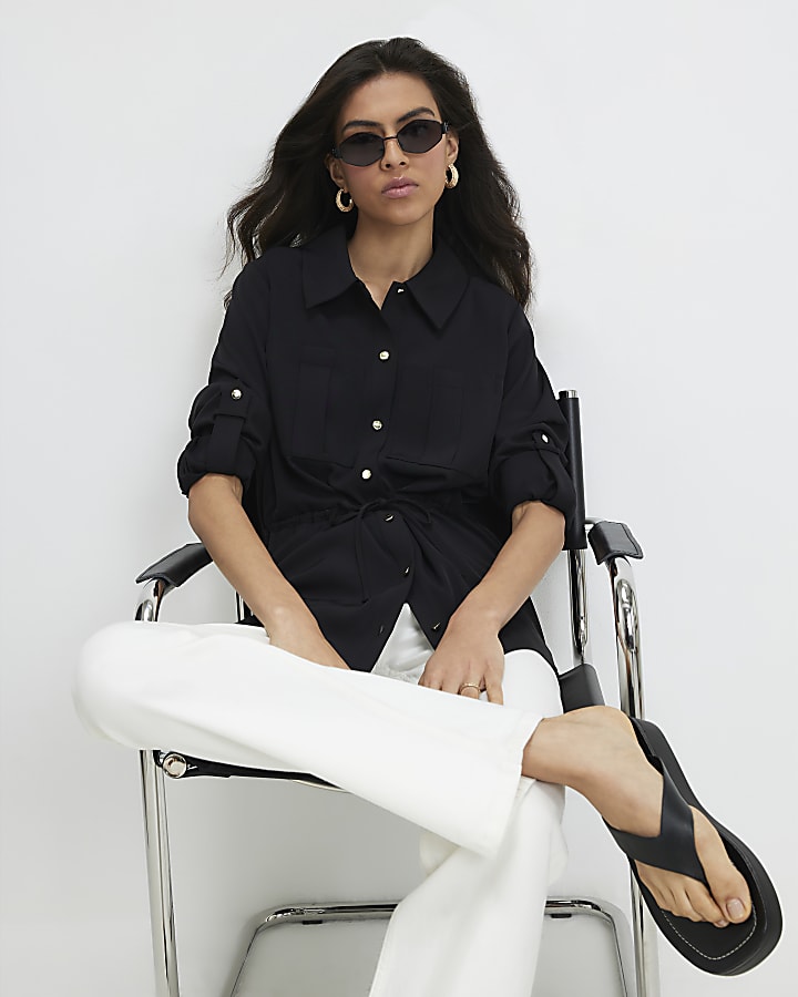 Black Crepe Drawstring Waist Shirt