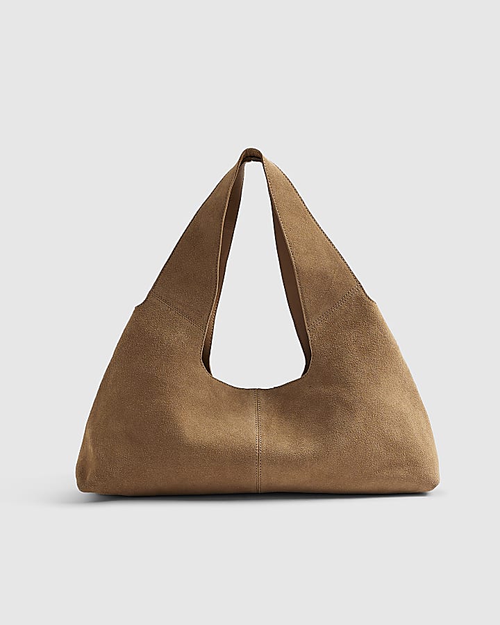 Beige Suede Floral Embroidered Slouch Bag