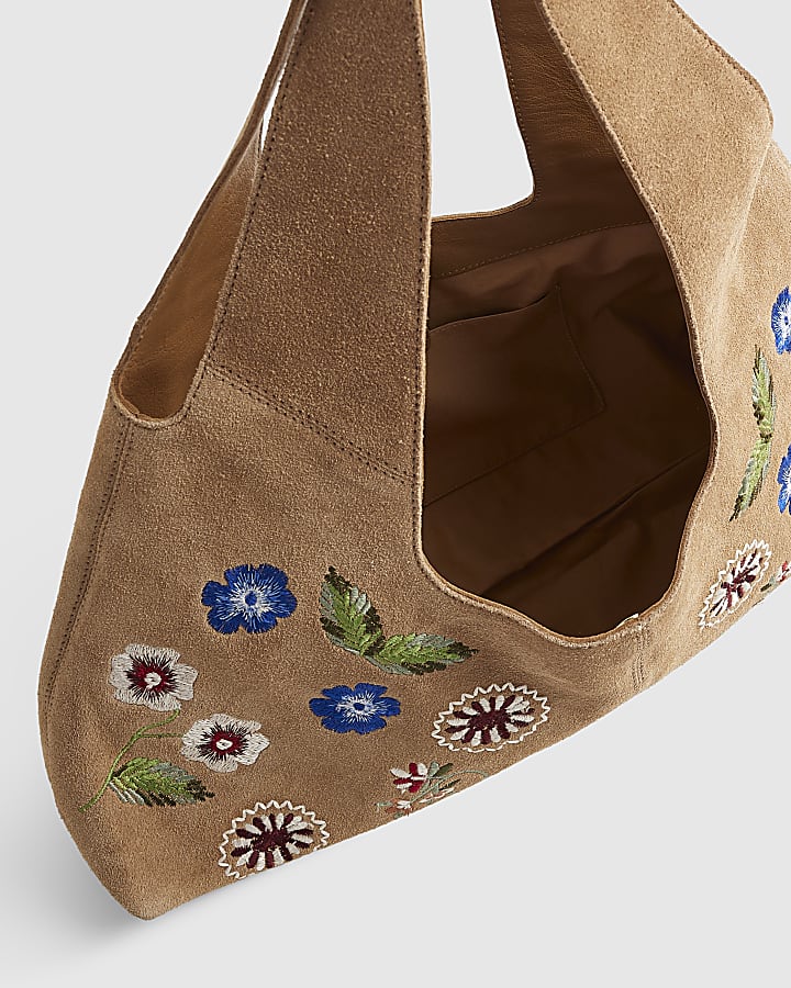 Beige Suede Floral Embroidered Slouch Bag