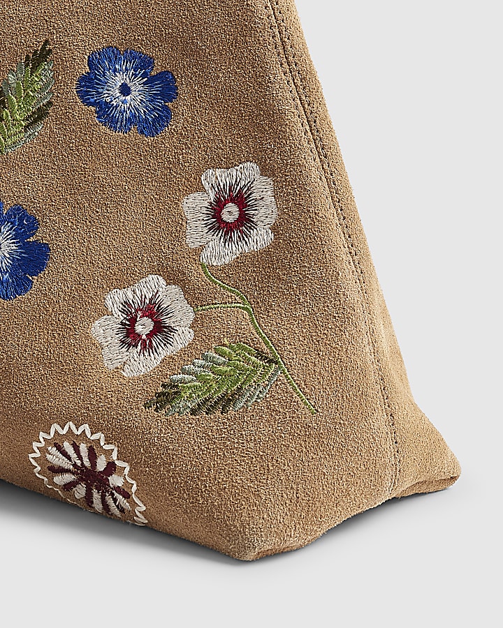 Beige Suede Floral Embroidered Slouch Bag