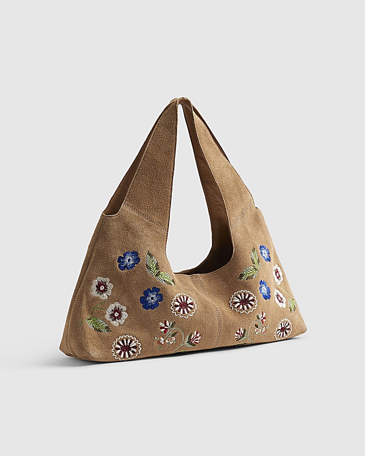 Beige Suede Floral Embroidered Slouch Bag