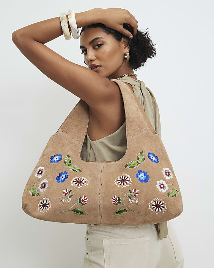 Beige Suede Floral Embroidered Slouch Bag