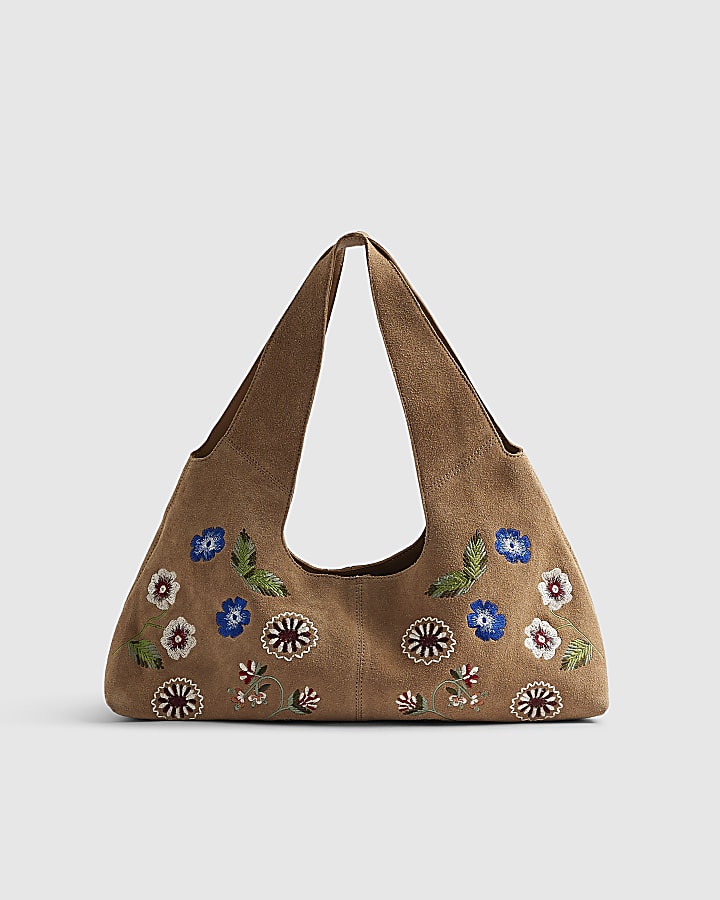 Beige Suede Floral Embroidered Slouch Bag
