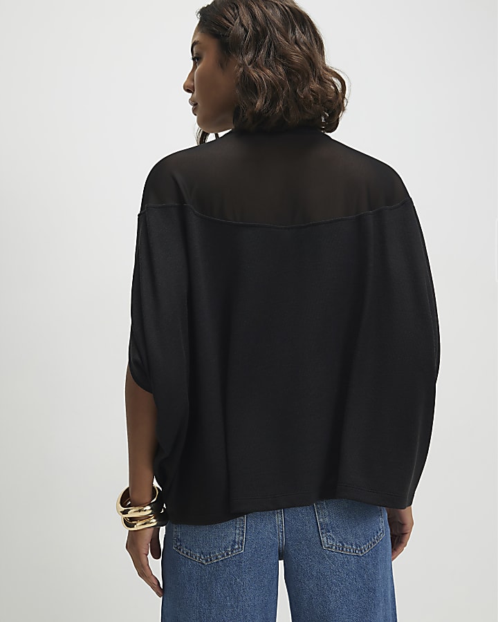 Black Short Sleeve Cosy Mesh Cape Top