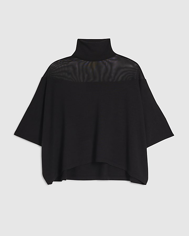 Black Short Sleeve Cosy Mesh Cape Top