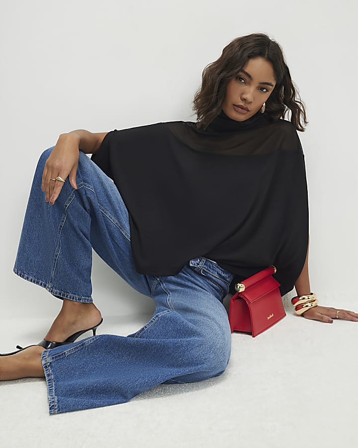 Black Short Sleeve Cosy Mesh Cape Top