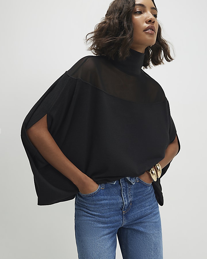 Black Short Sleeve Cosy Mesh Cape Top