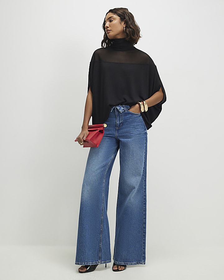 Black Short Sleeve Cosy Mesh Cape Top