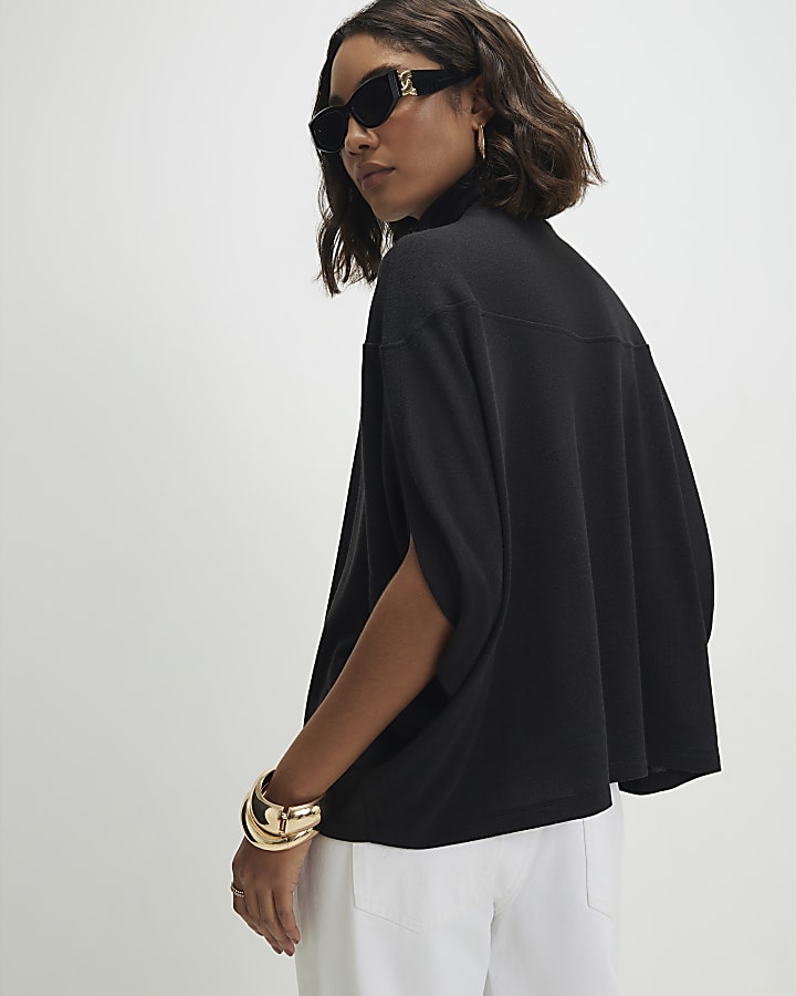 Black Short Sleeve Cosy Cape Top
