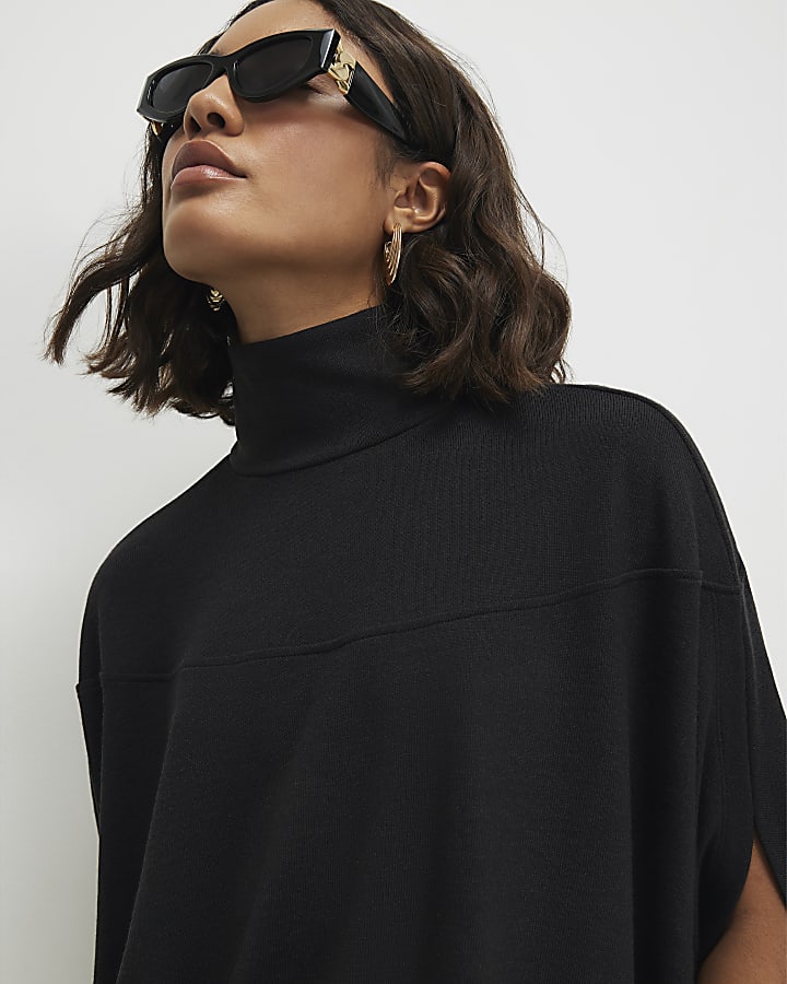 Black Short Sleeve Cosy Cape Top
