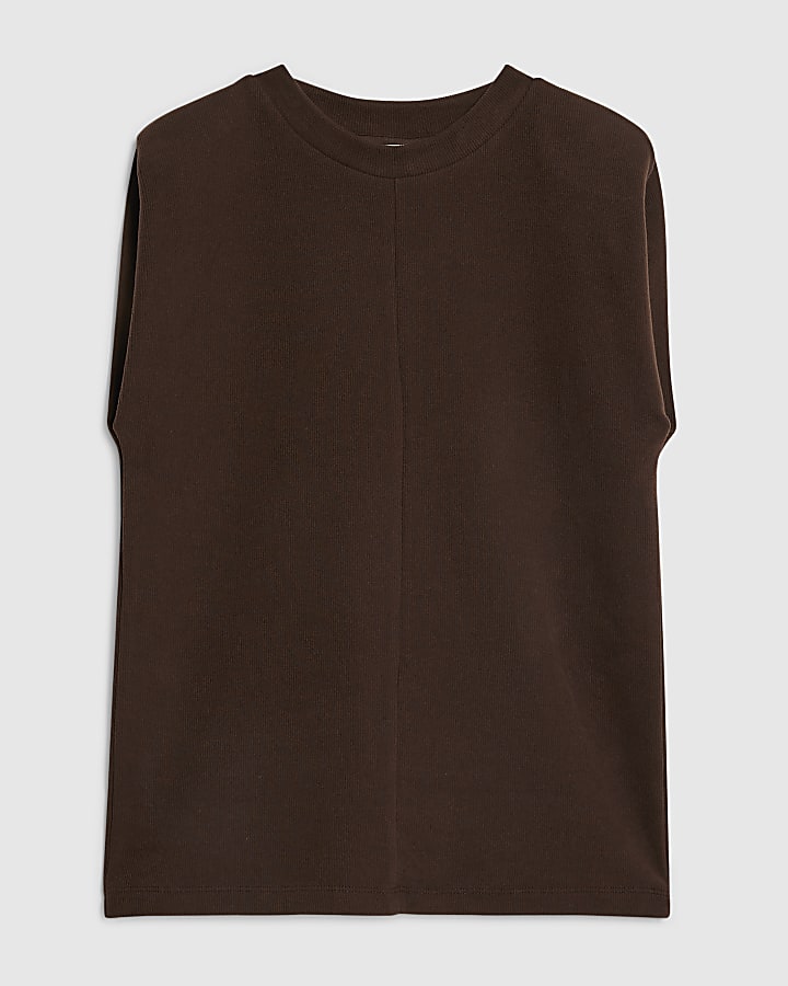 Brown Sleeveless Shoulder Pad Tank Top