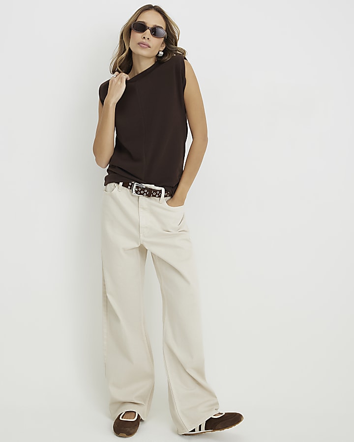 Brown Sleeveless Shoulder Pad Tank Top