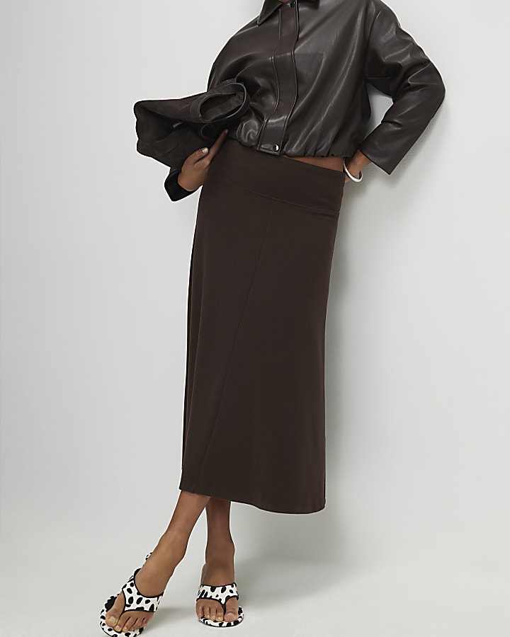 Brown Ribbed Cosy Midi Skirt