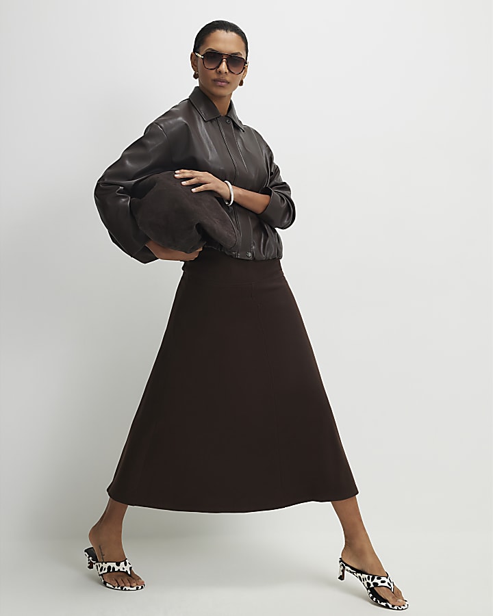 Brown Ribbed Cosy Midi Skirt