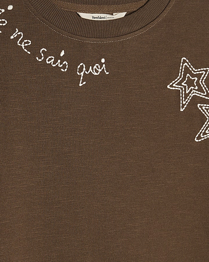 Khaki Crew Neck Embroidered T-Shirt