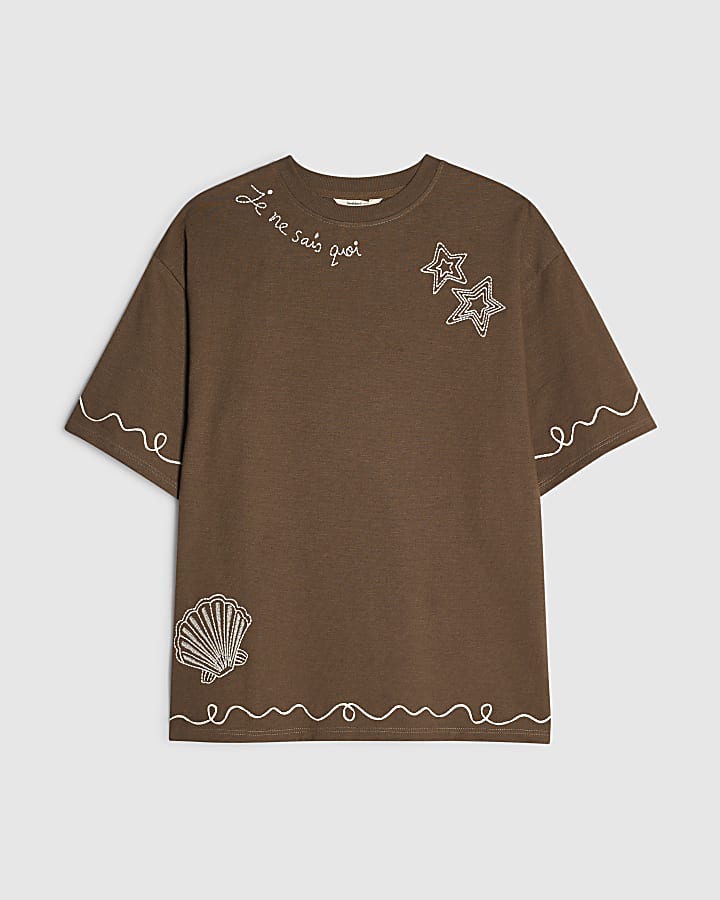 Khaki Crew Neck Embroidered T-Shirt