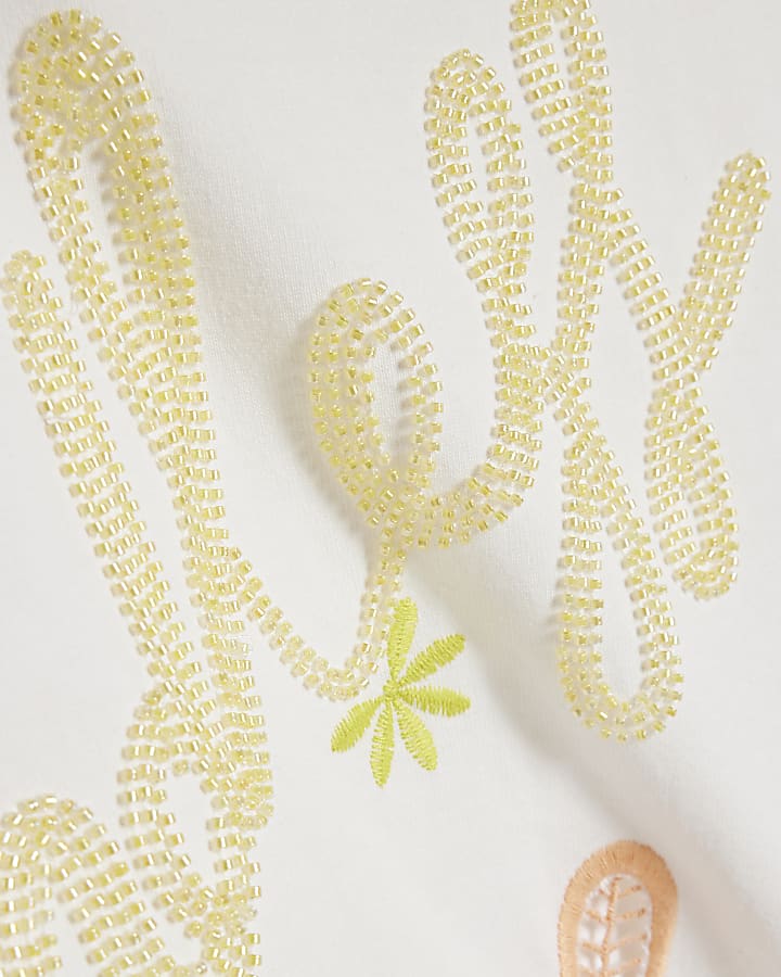 White Cotton Oversized Endless Beaded T-Shirt