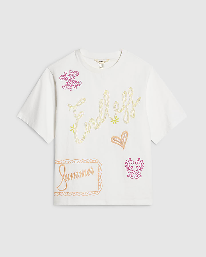 White Cotton Oversized Endless Beaded T-Shirt