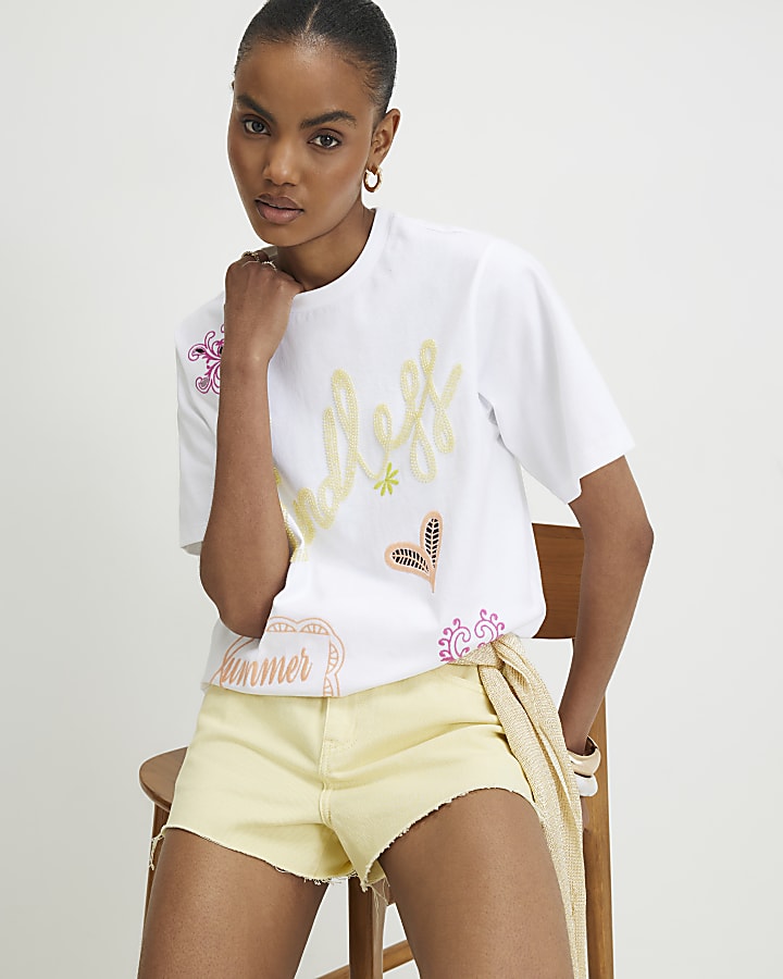 White Cotton Oversized Endless Beaded T-Shirt