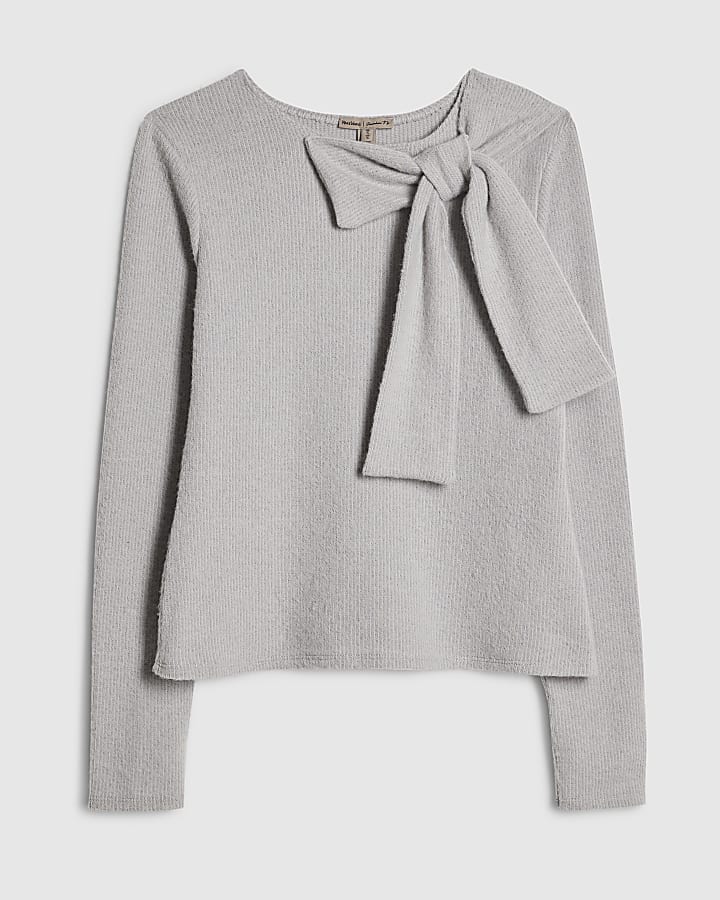 Grey Long Sleeve Cosy Bow Top