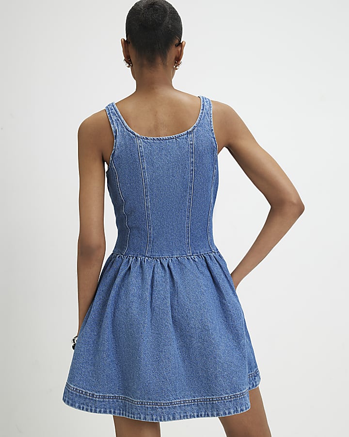 Blue Denim Sleeveless Zip Front Swing Dress