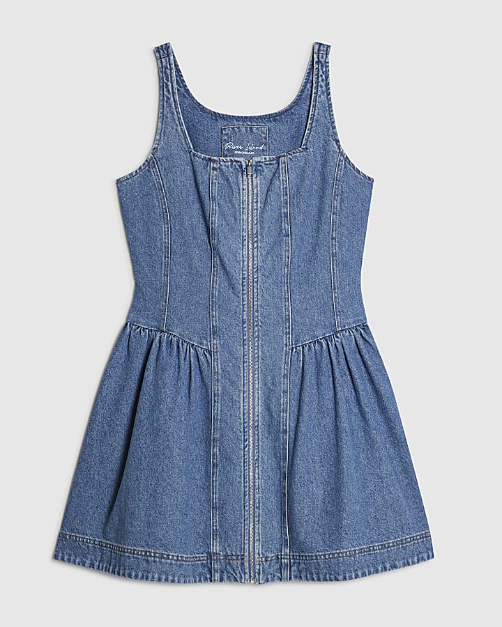 Blue Denim Sleeveless Zip Front Swing Dress