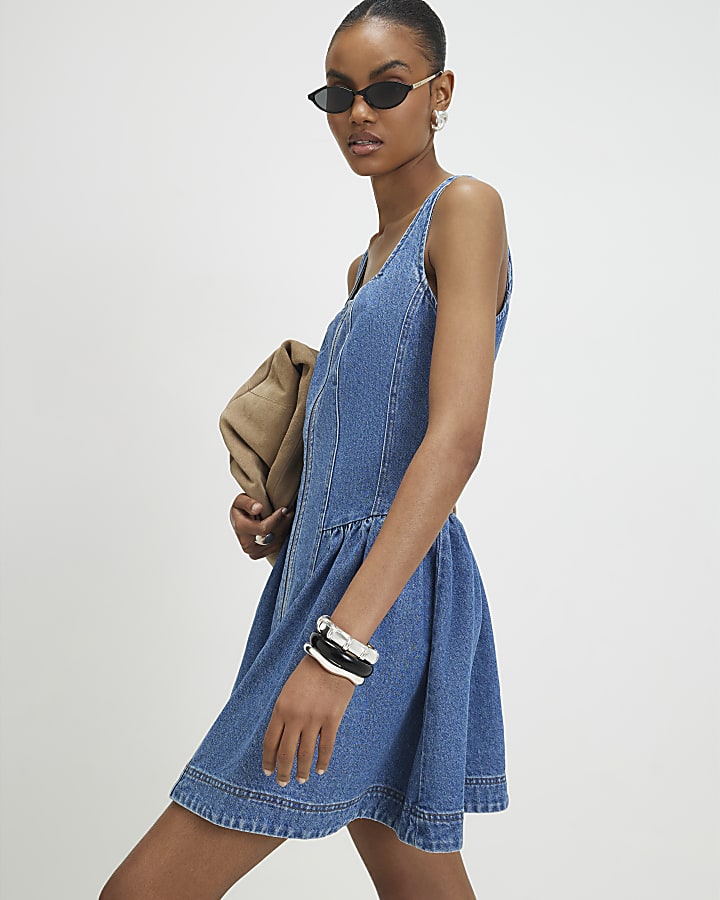 Blue Denim Sleeveless Zip Front Swing Dress