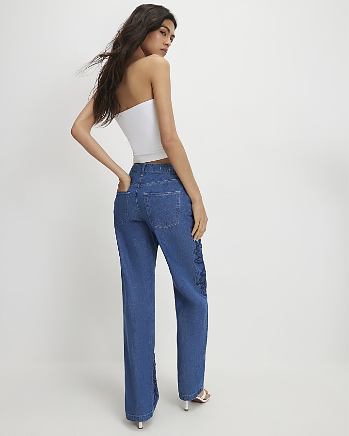 Blue Cut Out Floral Relaxed Straight Jeans