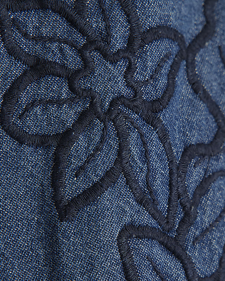 Blue Cut Out Floral Relaxed Straight Jeans