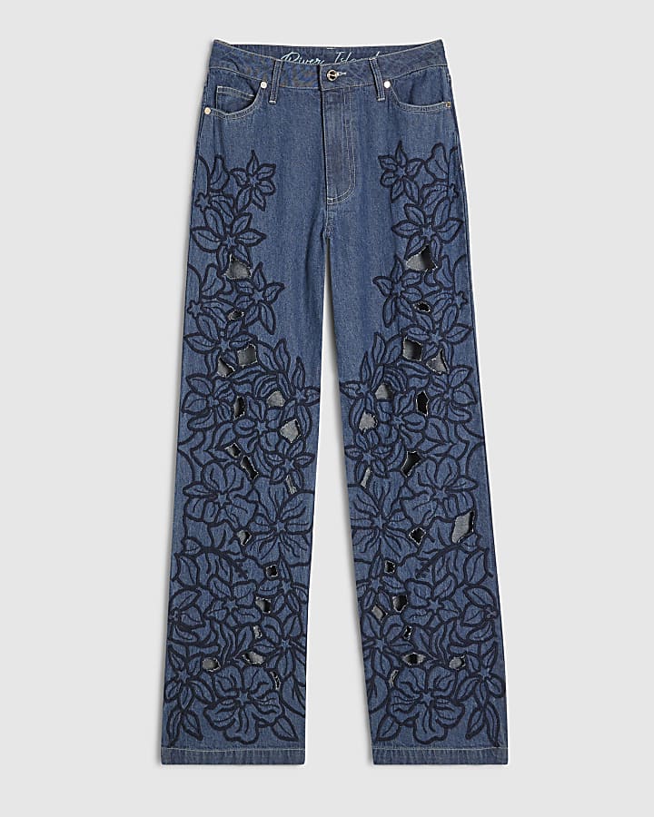 Blue Cut Out Floral Relaxed Straight Jeans
