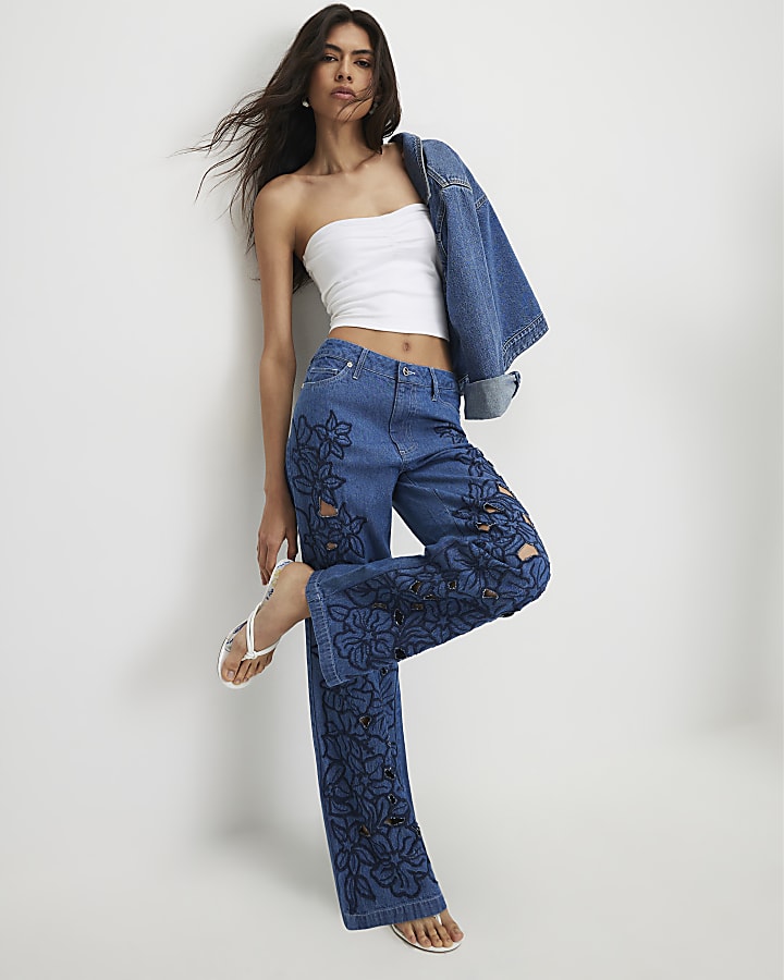 Blue Cut Out Floral Relaxed Straight Jeans