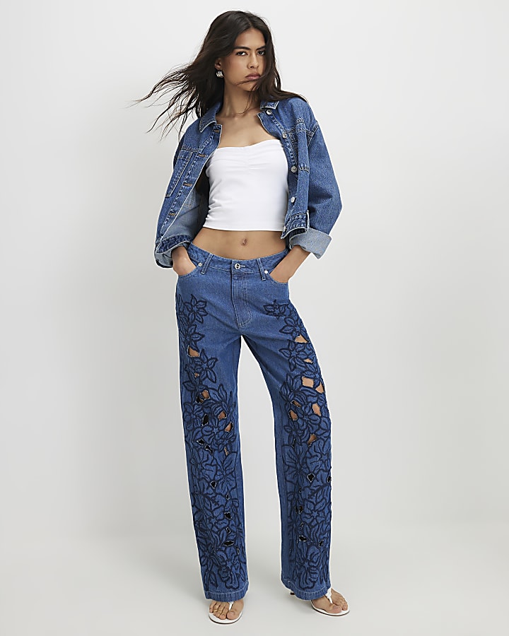 Blue Cut Out Floral Relaxed Straight Jeans