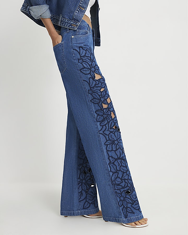 Blue Cut Out Floral Relaxed Straight Jeans