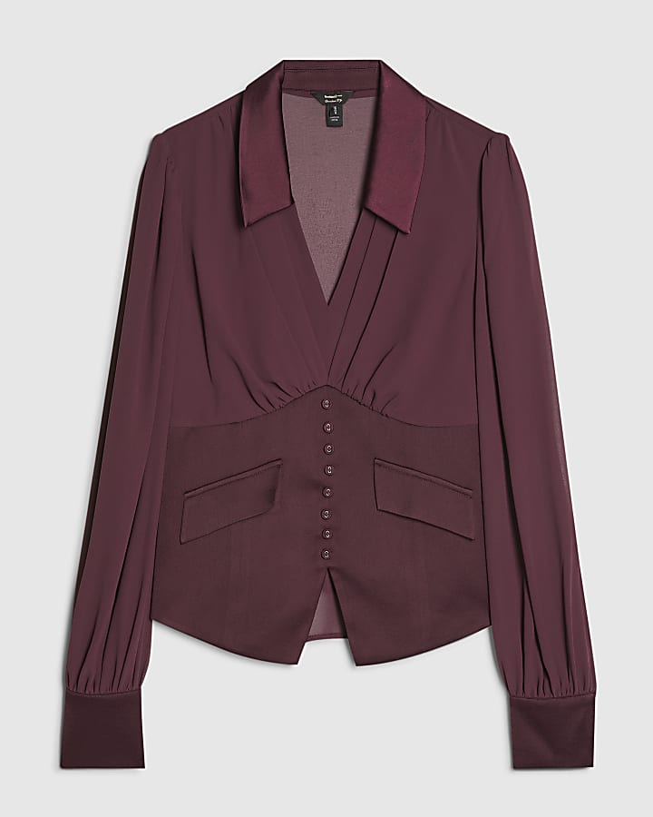 Purple Long Sleeve Corset Detail Blouse