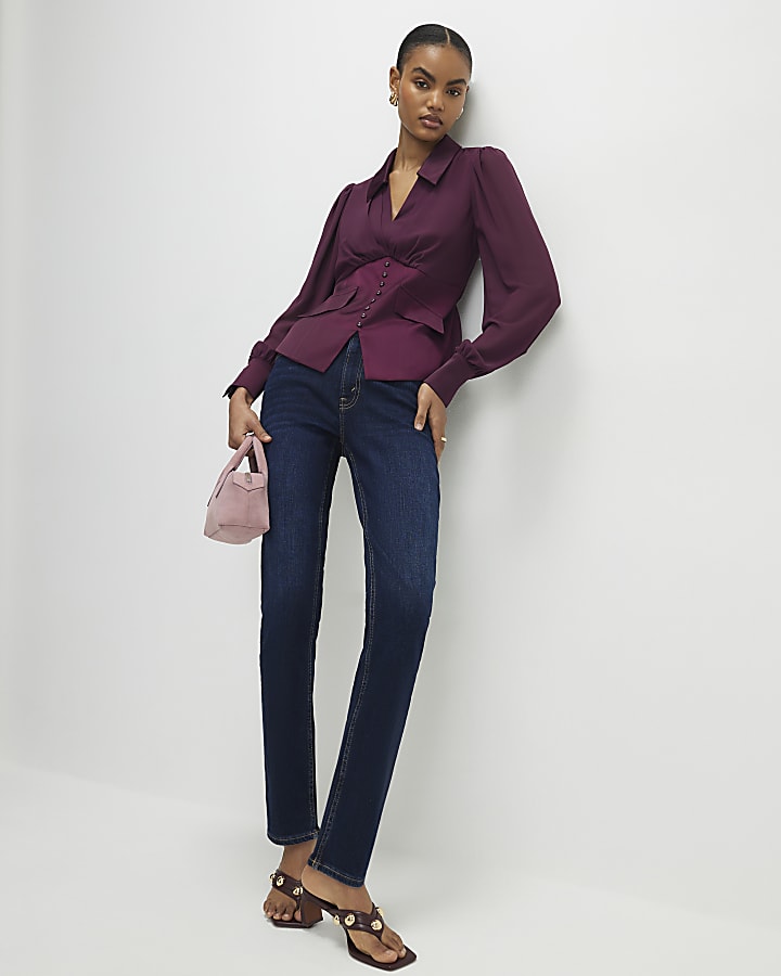 Purple Long Sleeve Corset Detail Blouse