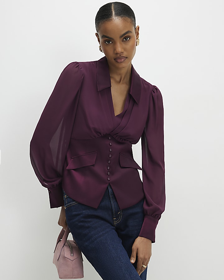 Purple Long Sleeve Corset Detail Blouse
