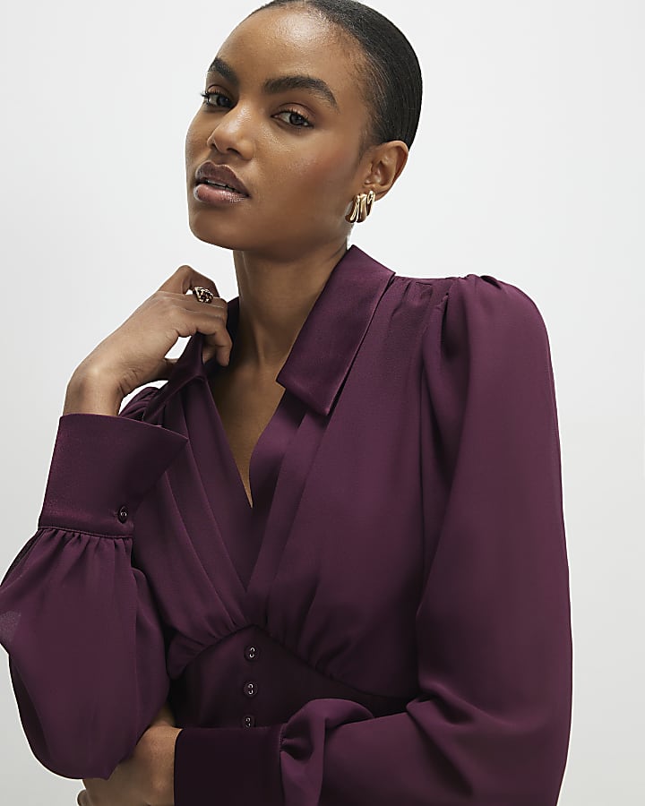 Purple Long Sleeve Corset Detail Blouse