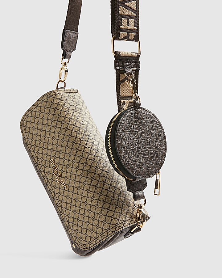 Brown Monogram Print Cross Body Bag