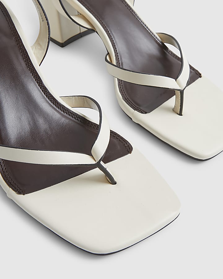 Cream Block Heel Toe Thong Sandals
