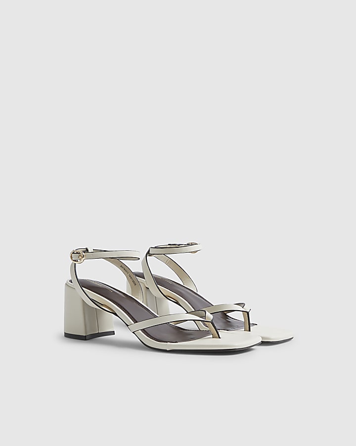 Cream Block Heel Toe Thong Sandals