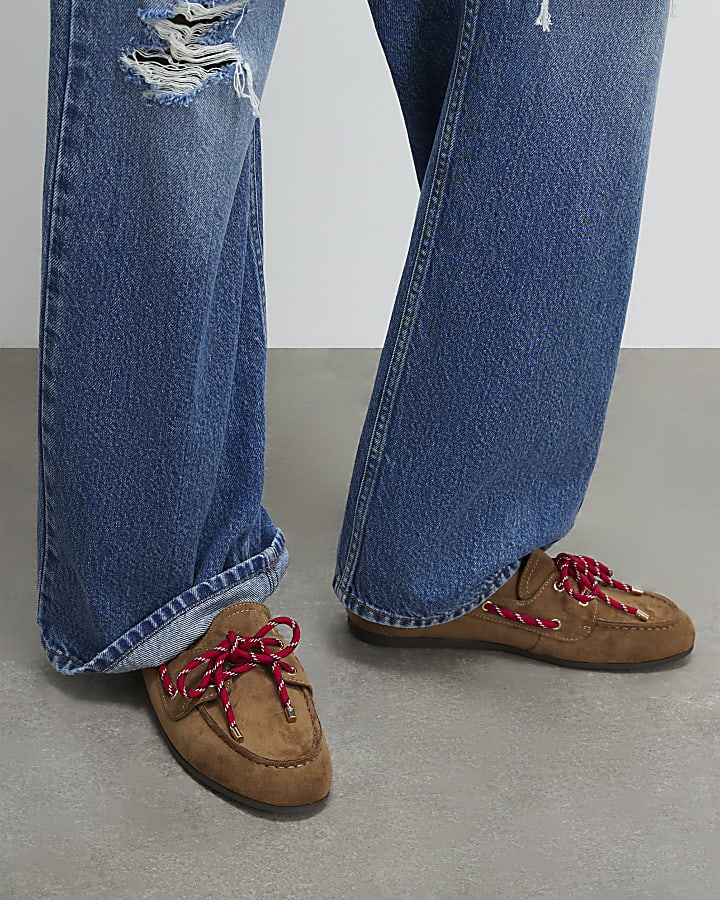 Beige Faux Suede Red Tie Boat Shoes
