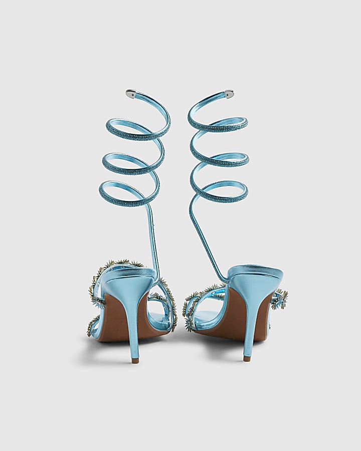 Blue Embellished Floral Wrap Heeled Sandals