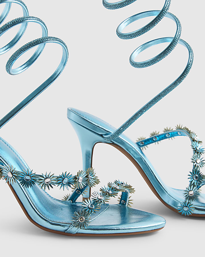 Blue Embellished Floral Wrap Heeled Sandals
