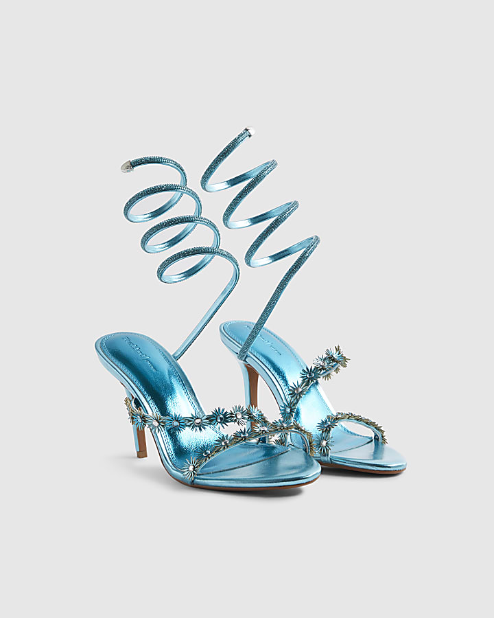 Blue Embellished Floral Wrap Heeled Sandals