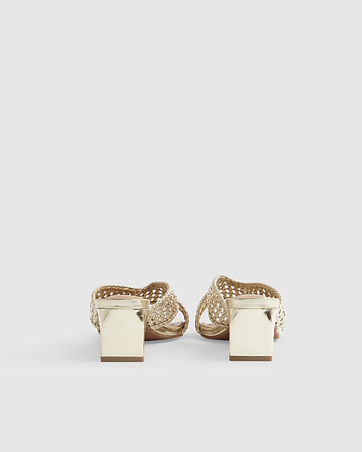 Gold Woven Block Heel Mule Sandals