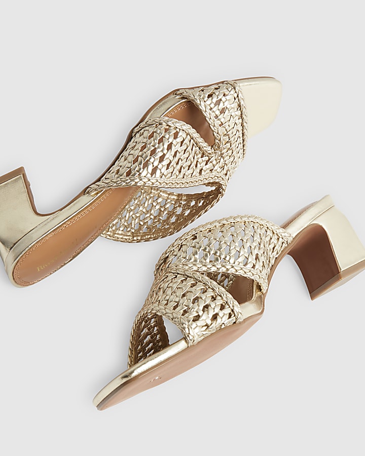 Gold Woven Block Heel Mule Sandals