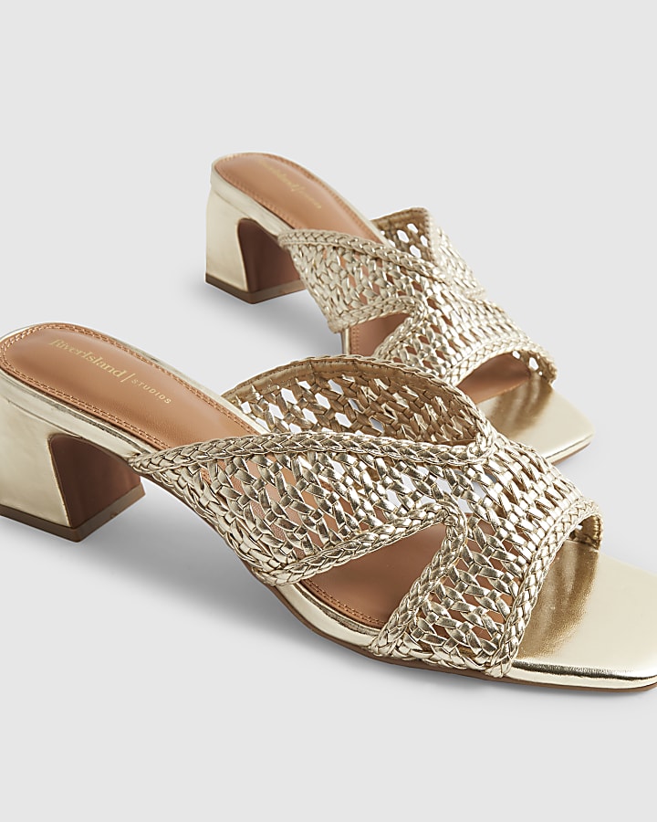 Gold Woven Block Heel Mule Sandals