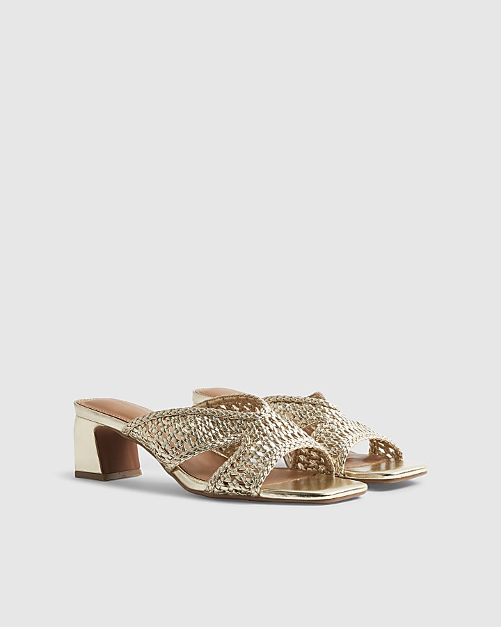 Gold Woven Block Heel Mule Sandals