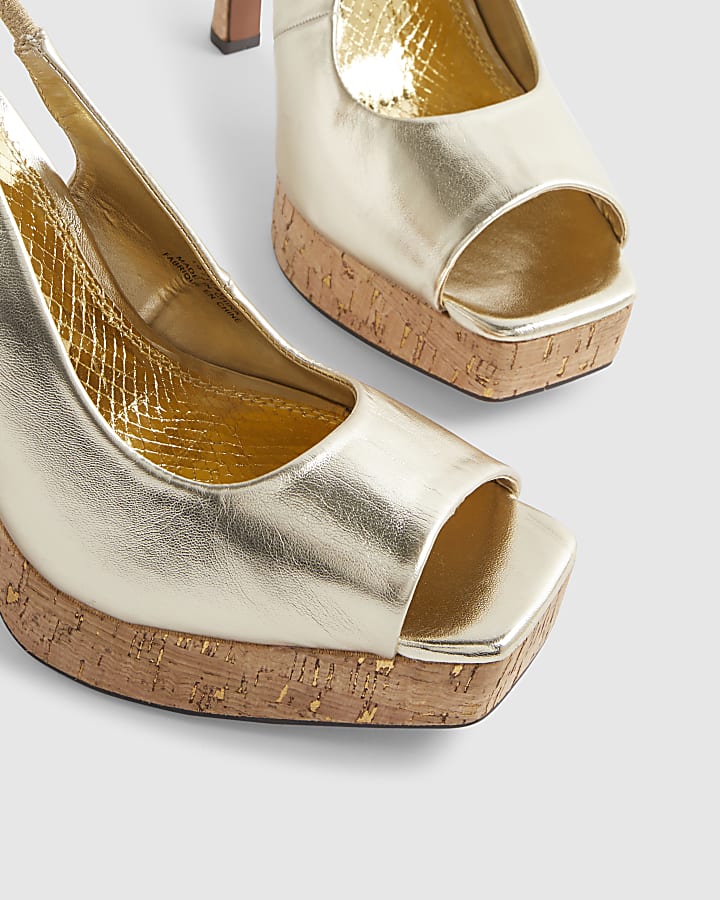 Gold Peep Toe Platform Heeled Sandals